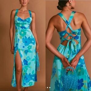 NWT ShowMeYourMuMu Mina Midi Slip Split  Dress  Picadilly Blue Luxe Satin Sz S